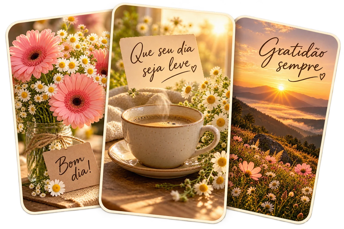 Mensagens de bom dia, leveza e gratidão com flores, café e amanhecer